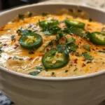 A bowl of Jalapeno Popper Soup with melted cheese and jalapeno slices