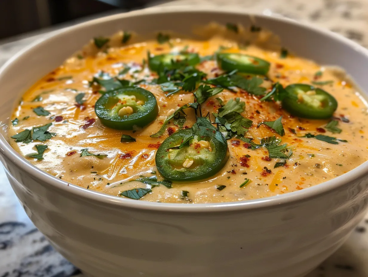 A bowl of Jalapeno Popper Soup with melted cheese and jalapeno slices