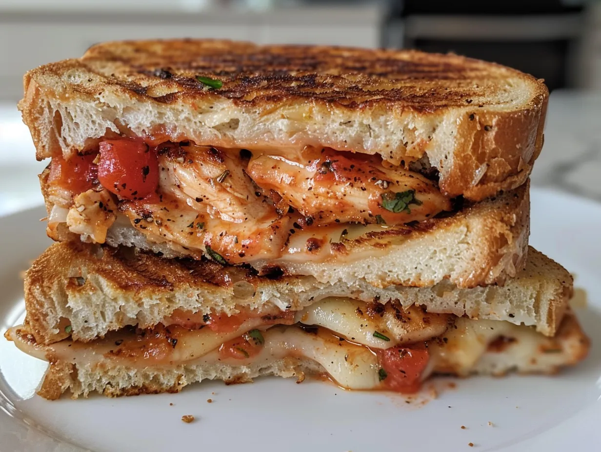 A close-up shot of a golden brown and melty Chicken Parmesan Grilled Cheese sandwich, cut in half to reveal the cheesy interior.