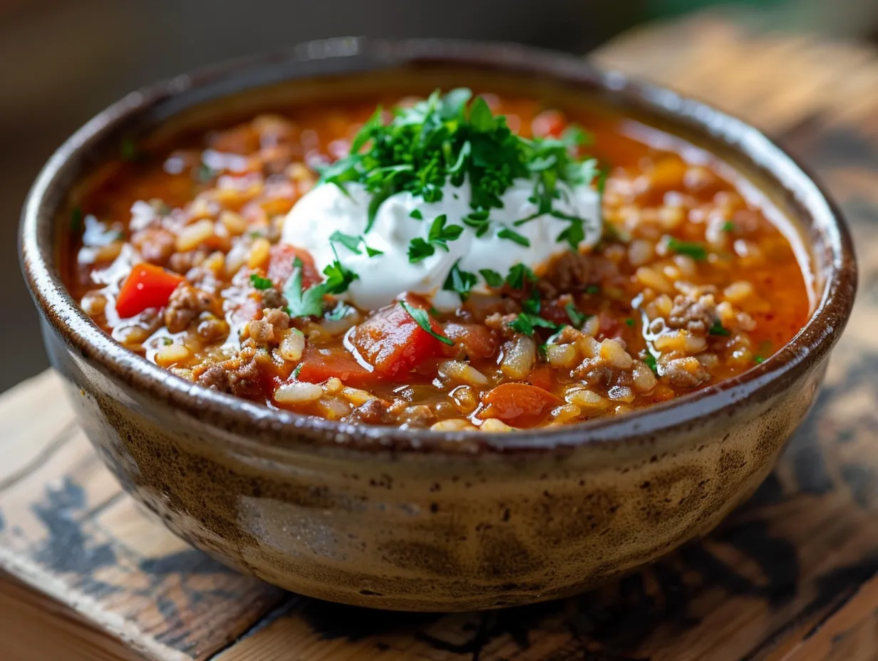 A vibrant bowl of One-Pot Stuffed Pepper Soup Recipe