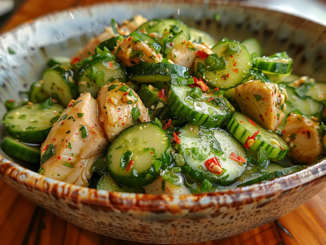 A vibrant bowl of Thai Cucumber Salad with Chicken