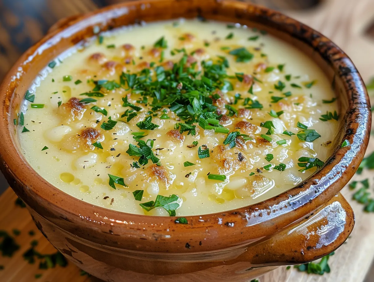 A bowl of steaming homemade garlic soup with fresh parsley garnish.