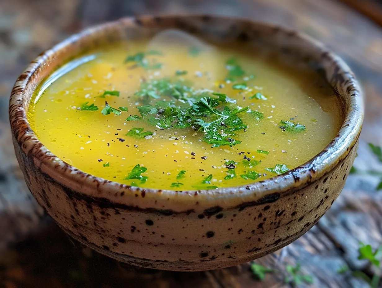 A bowl of hot, steaming Italian Penicillin Soup, garnished with fresh parsley.