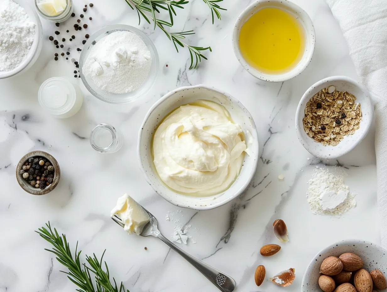Ingredients for homemade béchamel sauce: butter, flour, milk, nutmeg, salt, pepper, and a bay leaf on a marble countertop.