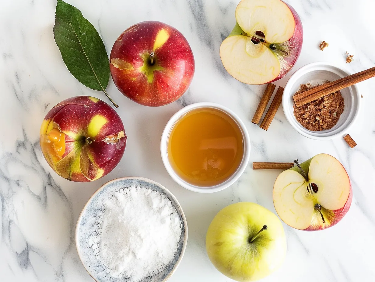 Ingredients for making Caramel Apple Sangria including apples, pear, caramel vodka, white wine and spices