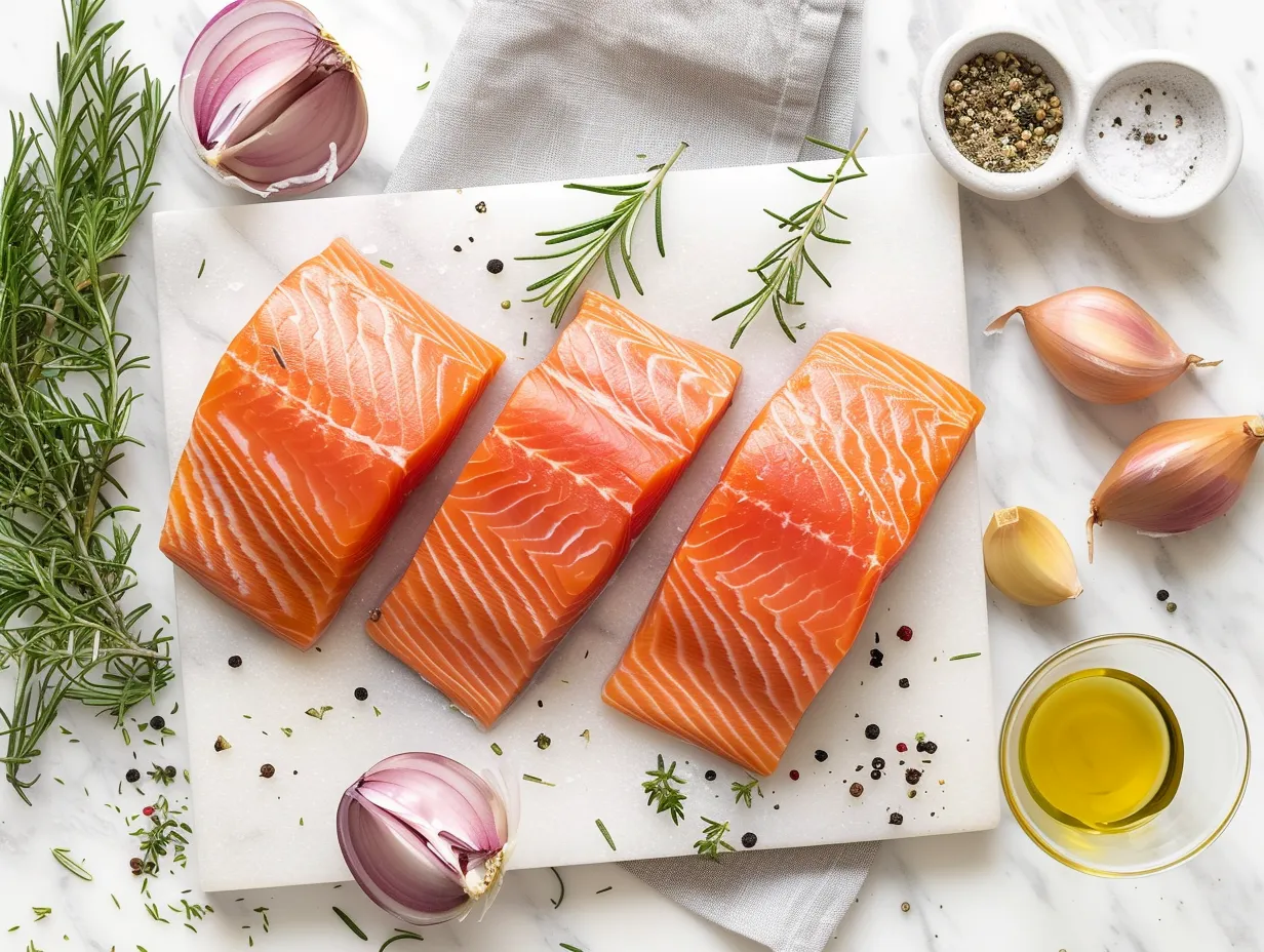 Ingredients for making Cedar Plank Salmon including salmon, cedar plank, spices, lemon and olive oil