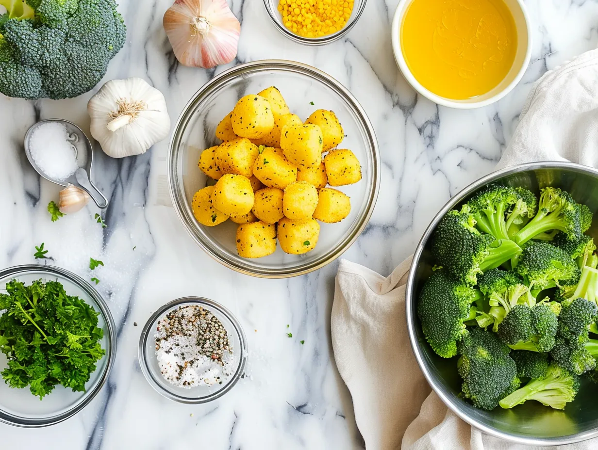 Cheesy Broccoli Tater Tots ingredients: potatoes, broccoli, cheddar cheese, parmesan cheese, flour, egg, garlic powder, onion powder, smoked paprika, salt, pepper, and olive oil.