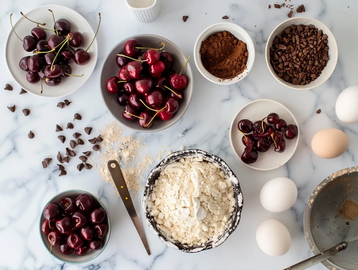 All ingredients for homemade Chocolate Cherry Cream Pie.