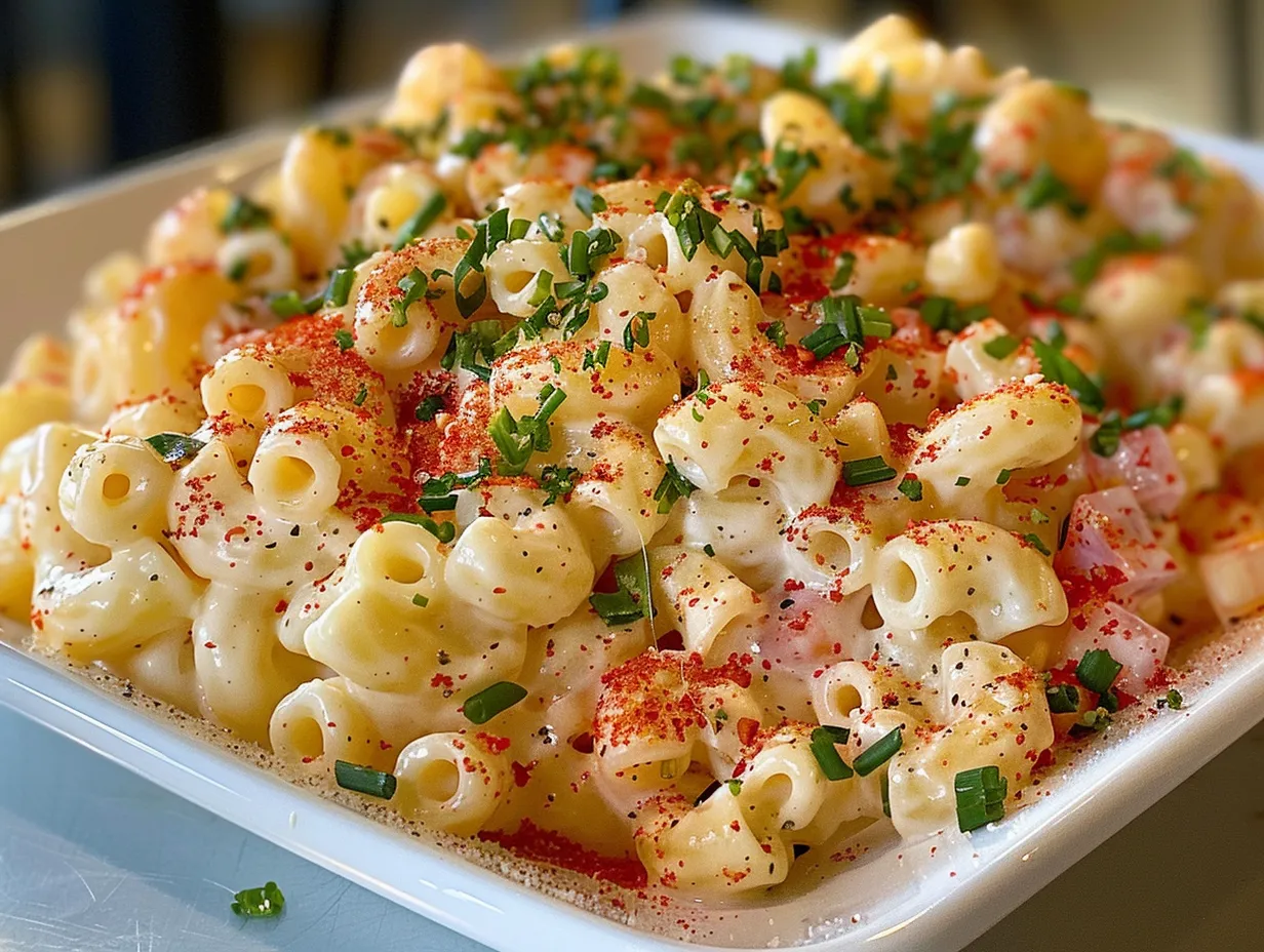 A vibrant and colorful close-up of easy macaroni salad, showcasing its creamy texture and fresh ingredients.