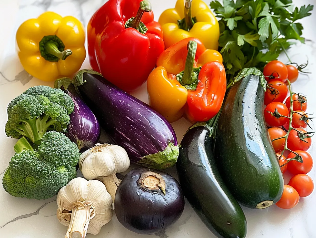 Fresh Ratatouille Soup ingredients on a marble countertop