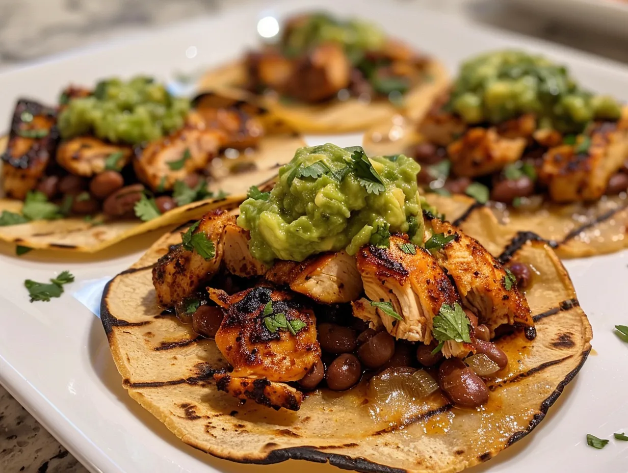 Close up of Tostadas with Chicken Guacamole and Beans