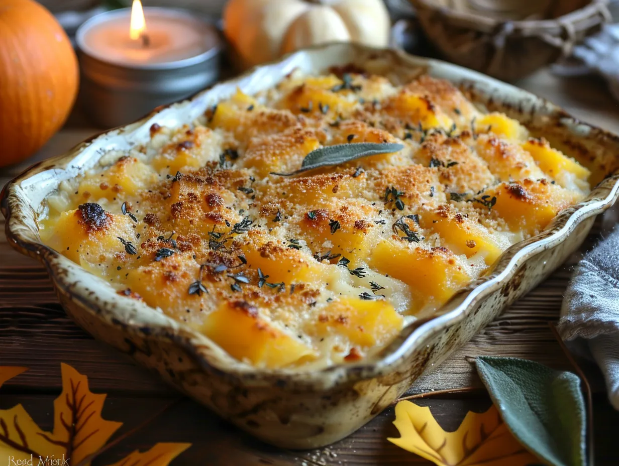 A beautifully baked Butternut Squash Casserole sits on a rustic wooden table, surrounded by autumnal decorations, creating a cozy and inviting scene.