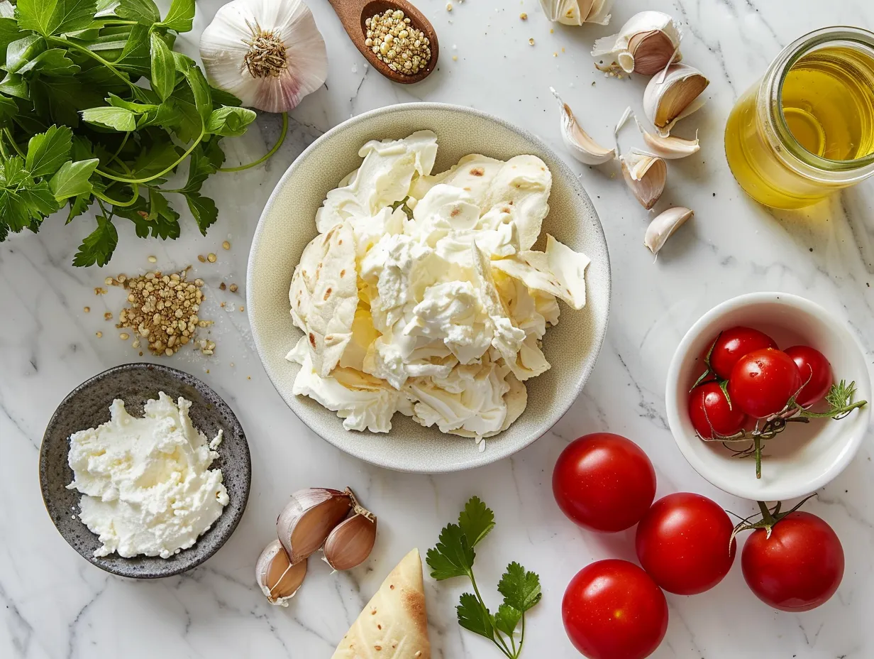 Ingredients for Cream Cheese Tortilla Bites: cream cheese, cheddar cheese, ranch dressing, green onions, black olives, jalapeño, garlic powder, chili powder, and tortillas.