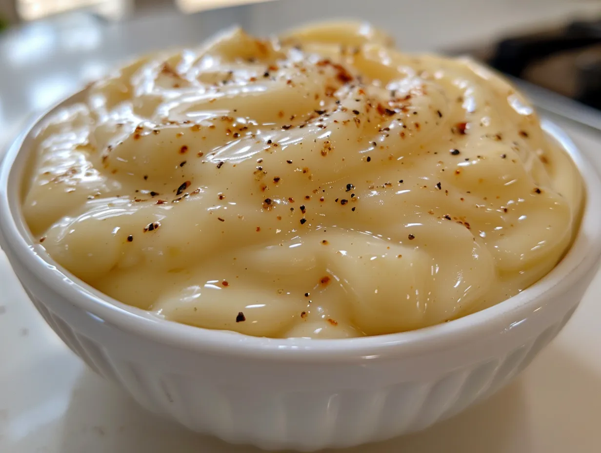 Close-up of creamy homemade béchamel sauce in a saucepan.