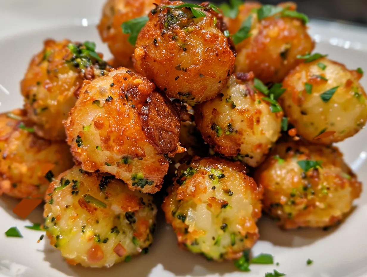 Golden brown and crispy Cheesy Broccoli Tater Tots on a wire rack.