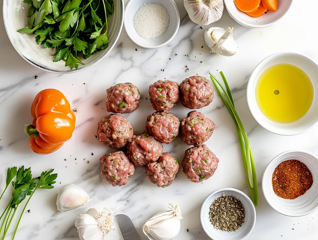 Ingredients for Crockpot Salisbury Steak Meatballs: ground beef, breadcrumbs, egg, milk, and seasonings displayed on a marble surface.