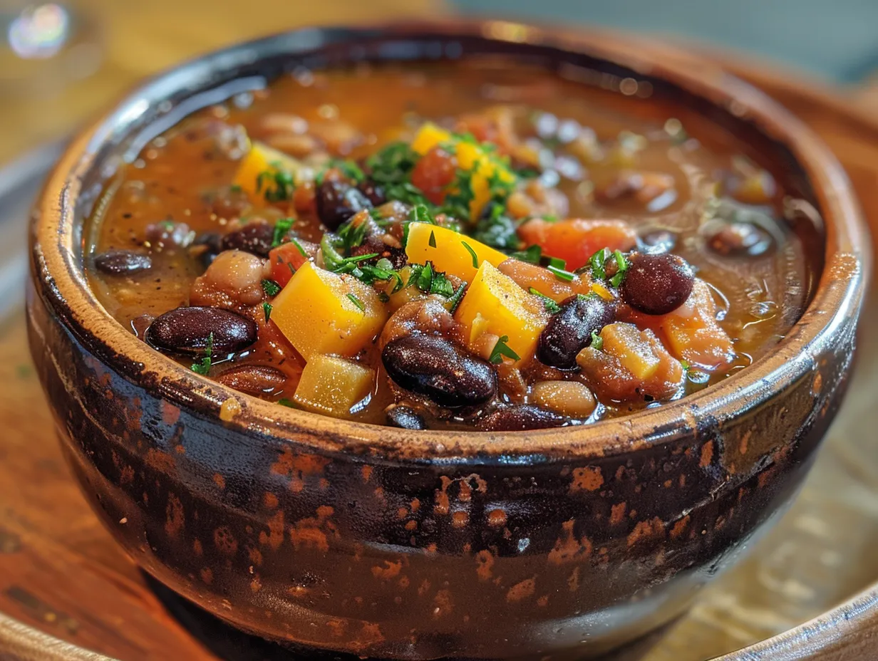 A bowl of delicious Black Bean Butternut Squash Stew garnished with cilantro and a dollop of sour cream