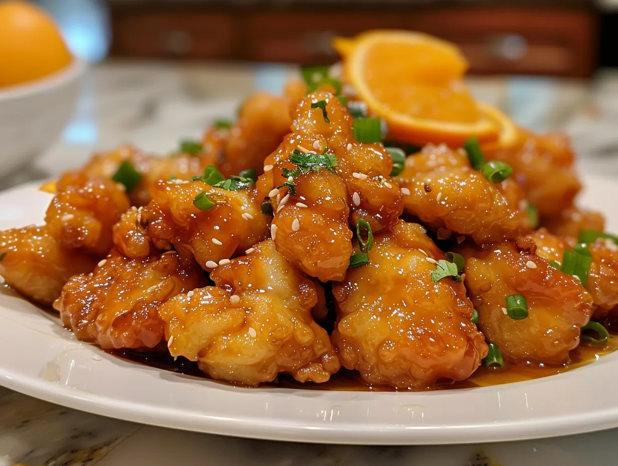 Delicious homemade orange chicken ready to serve