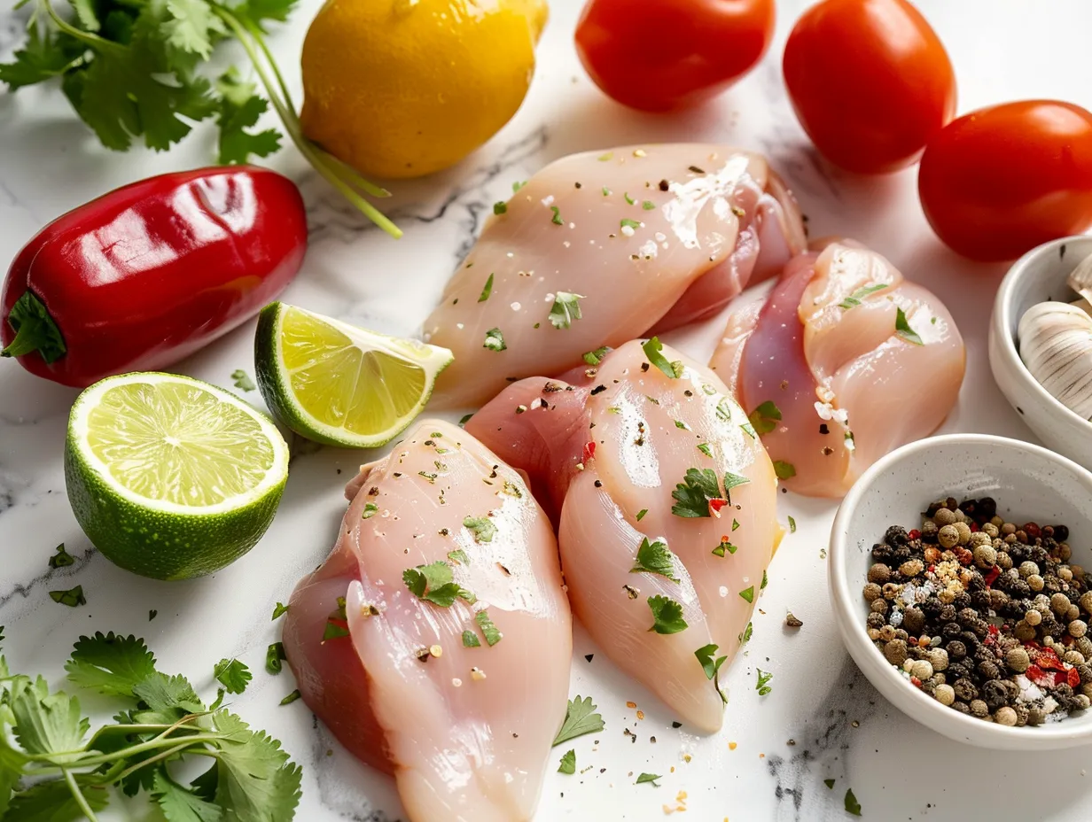 Ingredients for Fiesta Lime Chicken marinade, including lime juice, orange juice, and spices