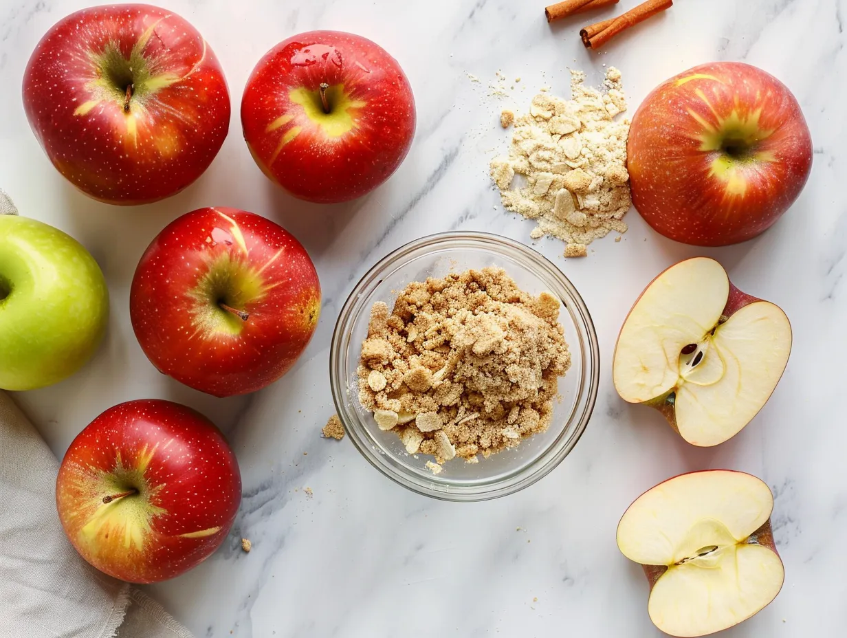 Fresh ingredients for apple crisp on a marble surface