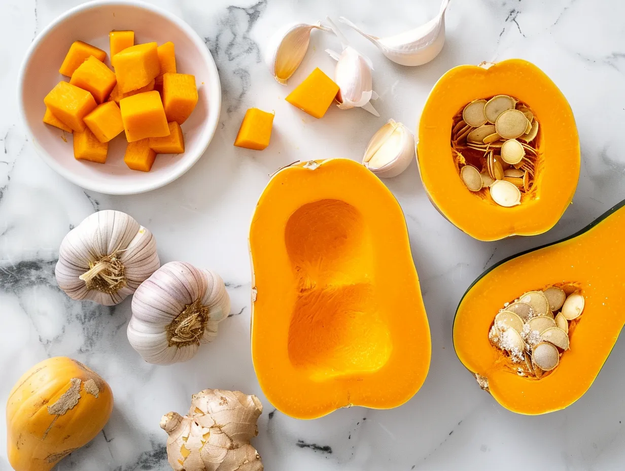 Fresh ingredients for crispy air fryer butternut squash, including butternut squash, olive oil, maple syrup, and spices.