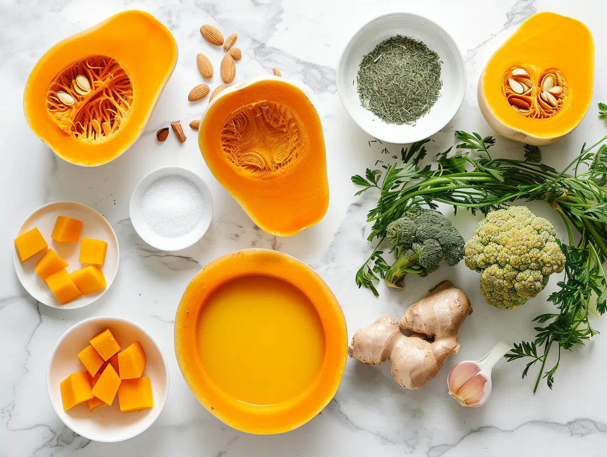 Fresh ingredients for making butternut squash soup