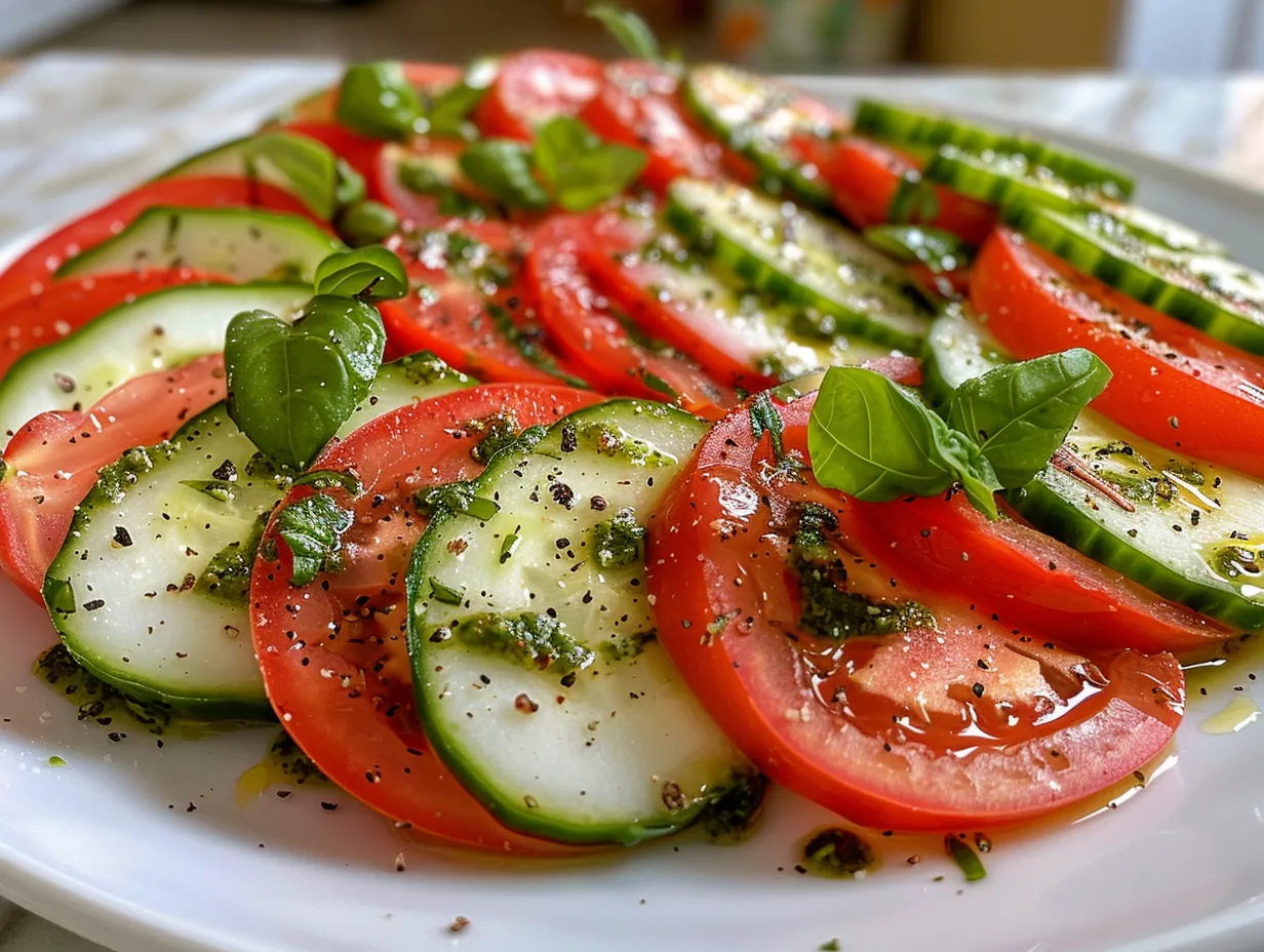 Fresh Cucumber Caprese Salad on a White Plate