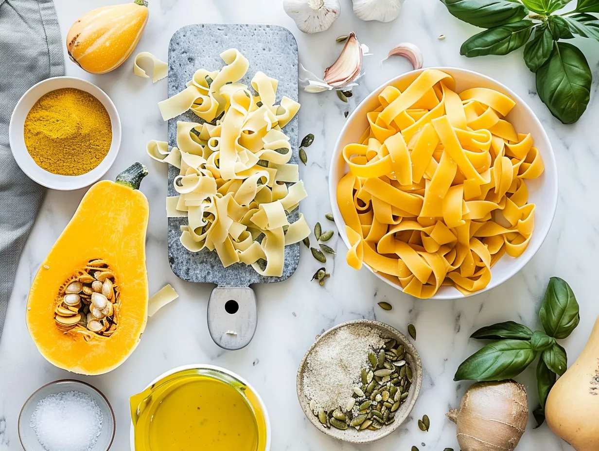 Fresh ingredients laid out for making creamy butternut squash pasta including butternut squash, garlic, sage, and parmesan cheese