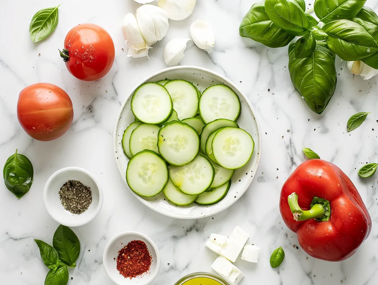 Fresh ingredients for Cucumber Caprese Salad including cucumbers, tomatoes, mozzarella, and basil