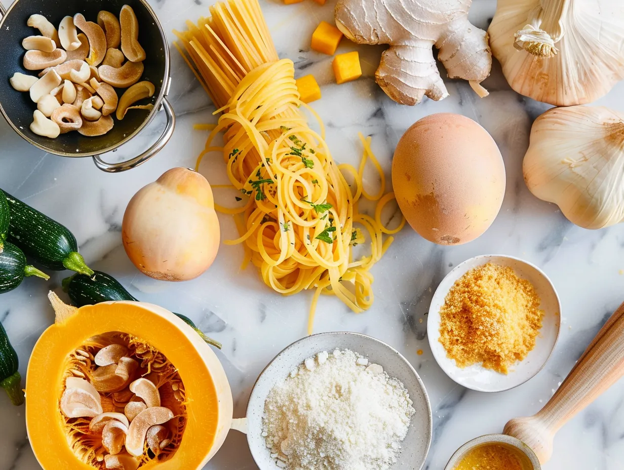 Fresh ingredients for making honeynut squash pasta, including squash, pasta, herbs, and spices.