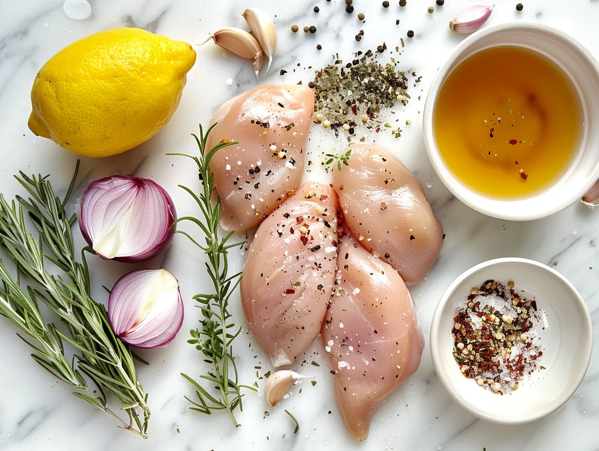 Fresh ingredients for making Mediterranean chicken, including chicken breasts, herbs, and spices.