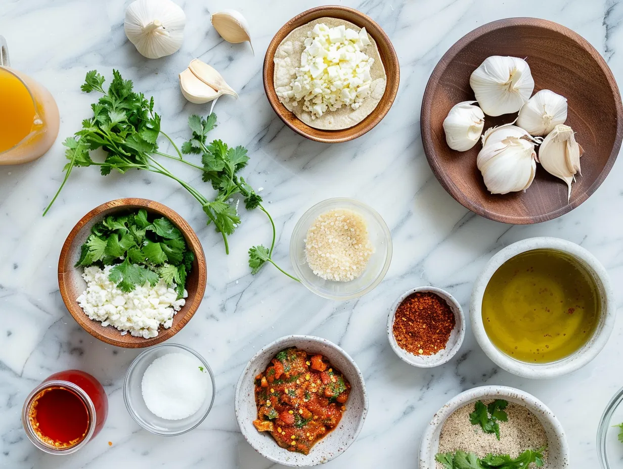 Fresh ingredients for making Mexican Rotisserie Chicken Tostadas, including avocado, cilantro, red onion, and lime.