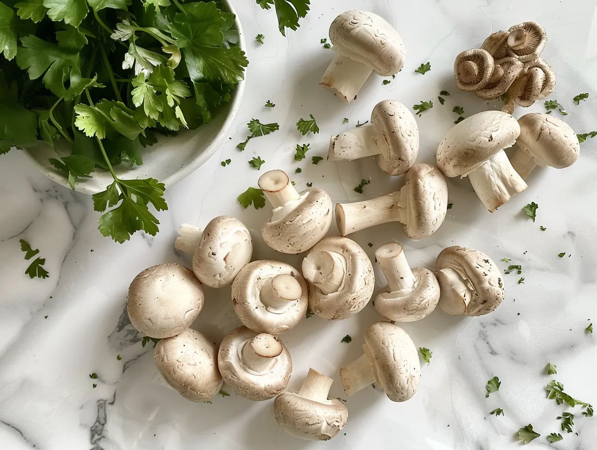Fresh ingredients for making Mushroom Stroganoff including mushrooms, onions, garlic, herbs, and seasonings