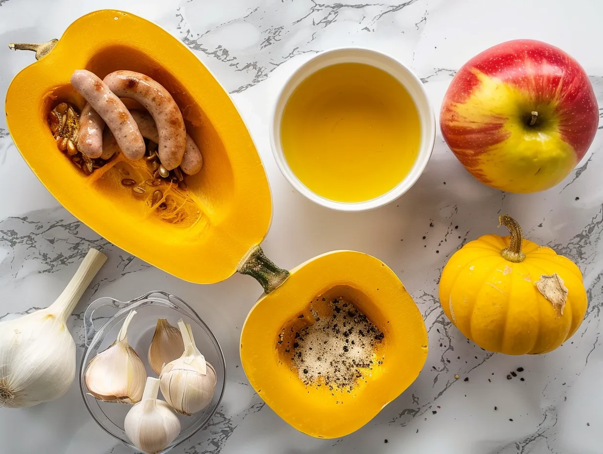 Fresh ingredients including honeynut squash, sausage, apples, and spices for making Sausage and Apple Stuffed Honeynut Squash