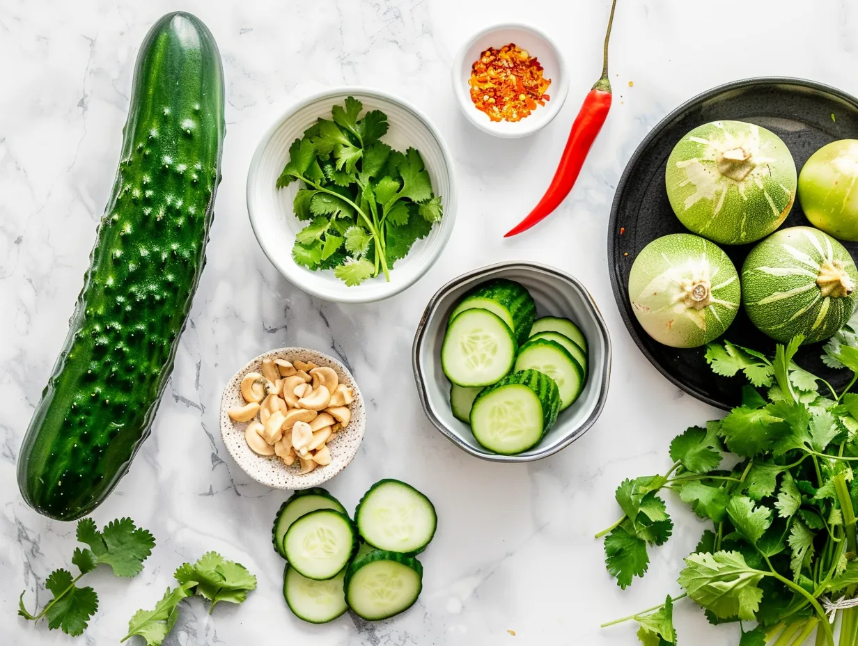 Fresh ingredients needed to create Thai Cucumber Salad with Chicken