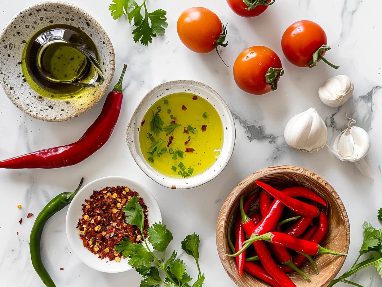 Fresh ingredients like limes, garlic, chili powder, and spices for making zesty chili lime marinade.