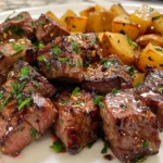 Garlic Steak Bites and Potatoes on a Rustic Plate