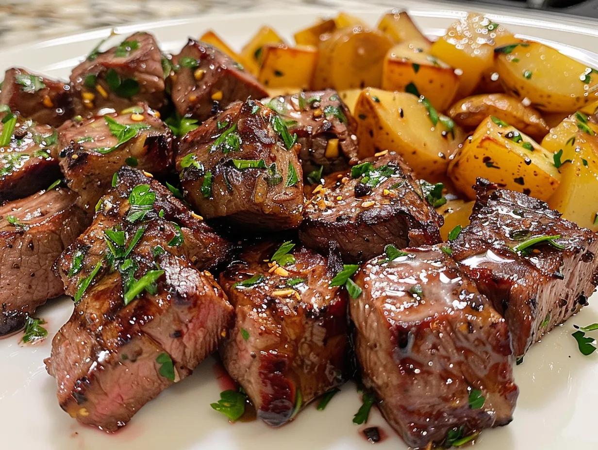Garlic Steak Bites and Potatoes on a Rustic Plate