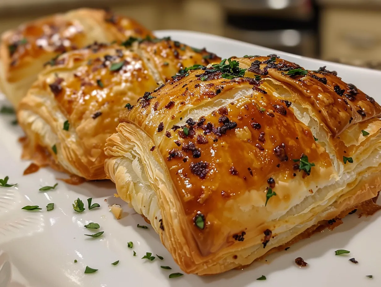 Golden brown and puffed up herb and cheese stuffed puff pastry bites on a baking sheet