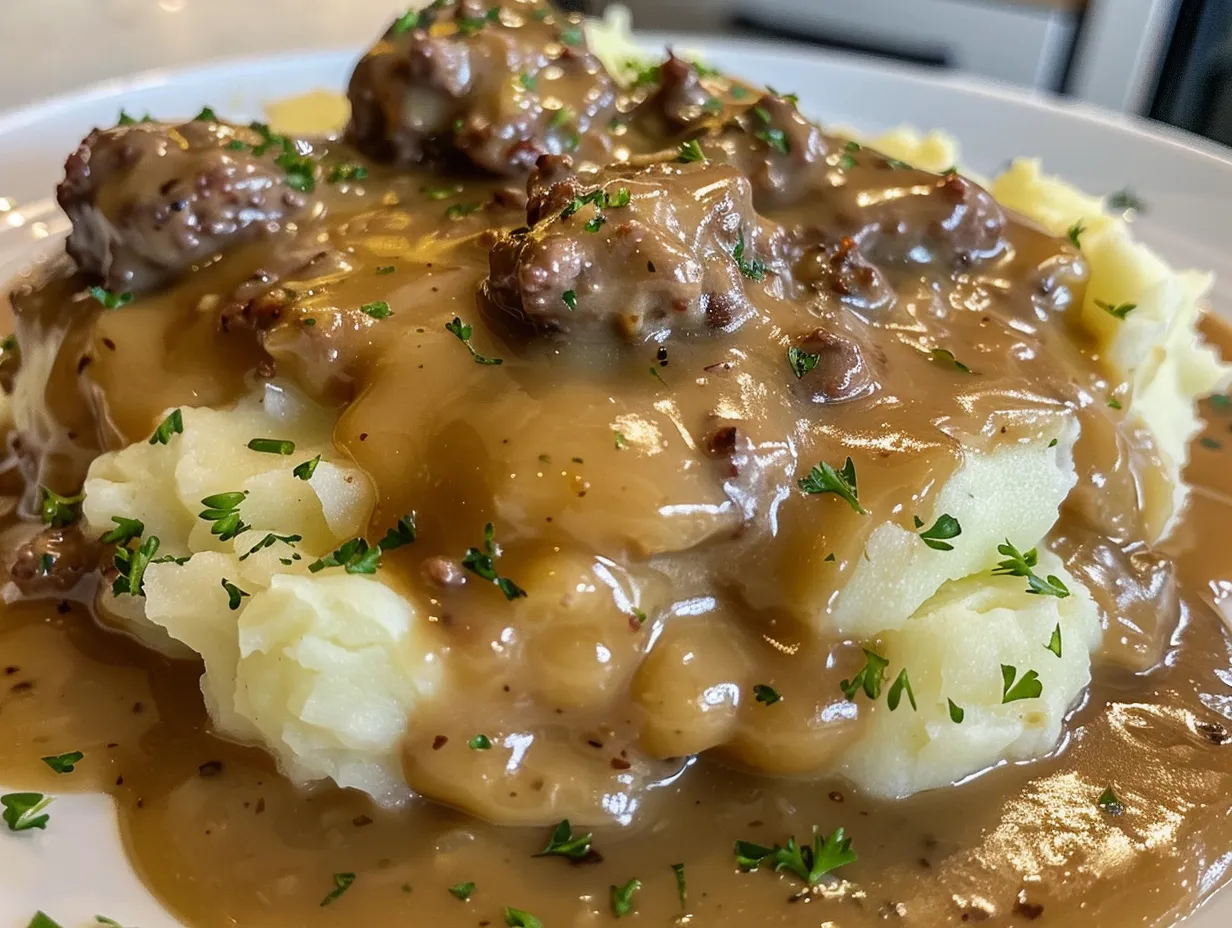 Homemade hamburger gravy served over creamy mashed potatoes.
