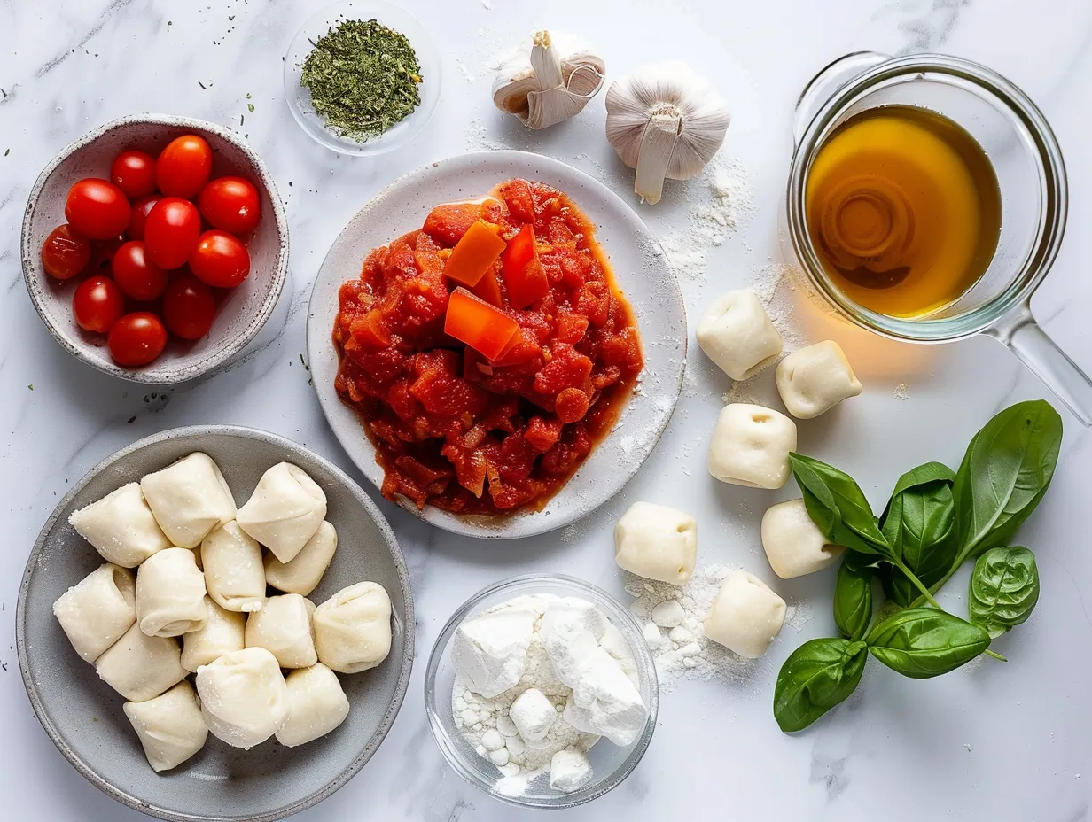 Ingredients for making crispy air fryer pizza rolls: frozen pizza rolls, olive oil spray, garlic powder, Italian seasoning, parmesan cheese, and dipping sauces.