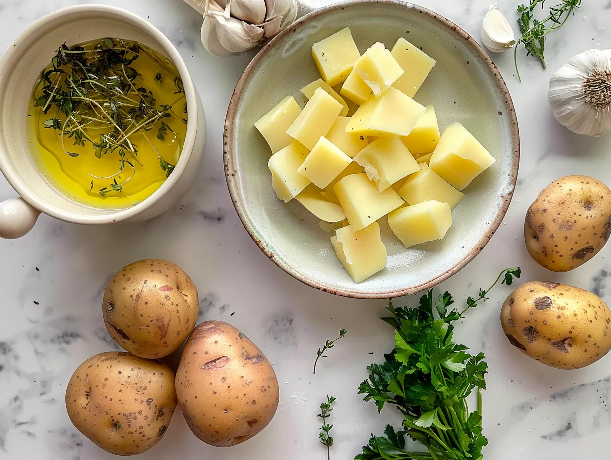 Ingredients for making Cheddar Garlic Herb Potato Soup including potatoes, cheese, herbs, garlic, and spices.