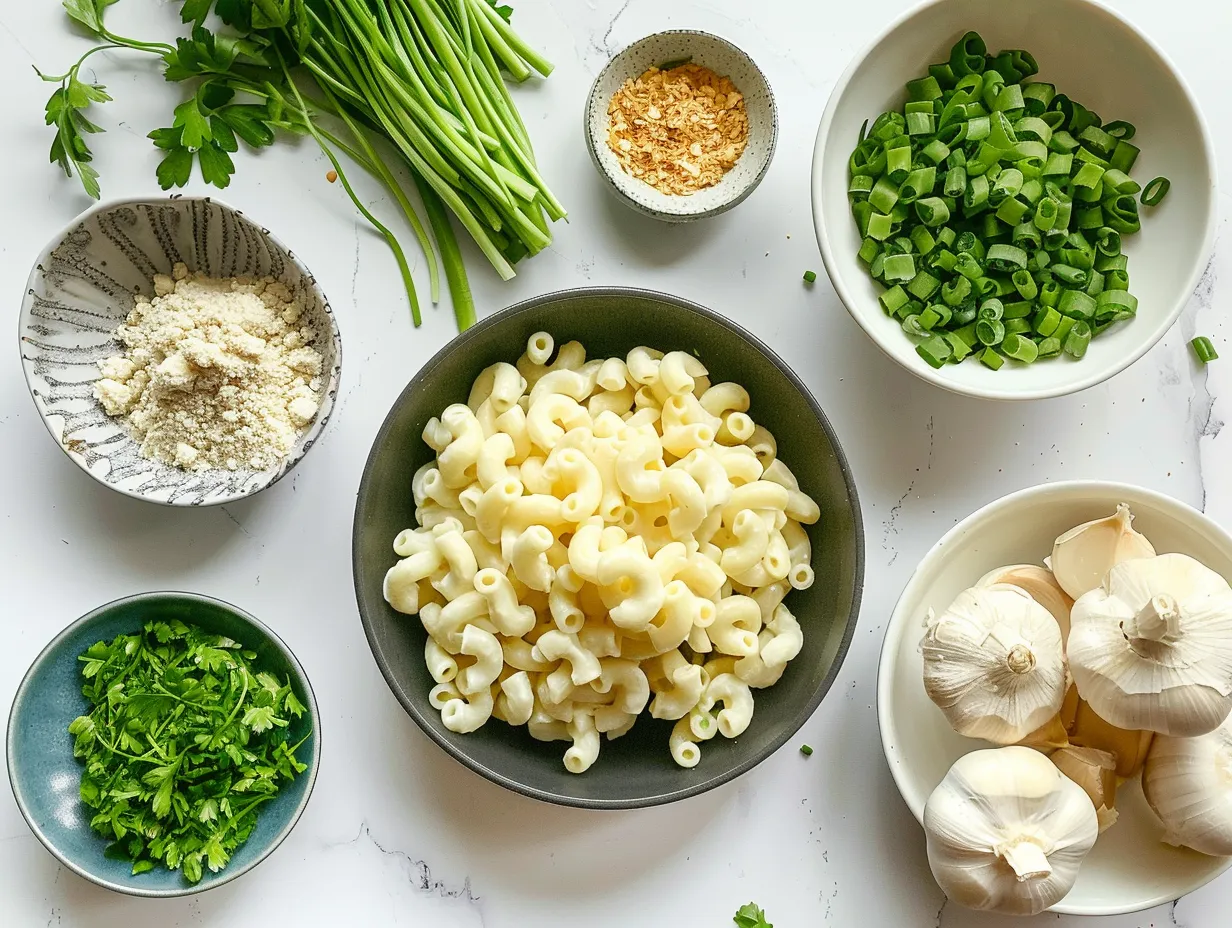 All the ingredients you need for easy macaroni salad, beautifully arranged on a countertop.