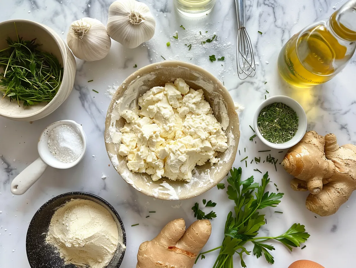 Ingredients for making herb and cheese stuffed puff pastry bites including puff pastry, cream cheese, ricotta cheese, herbs, and seasonings