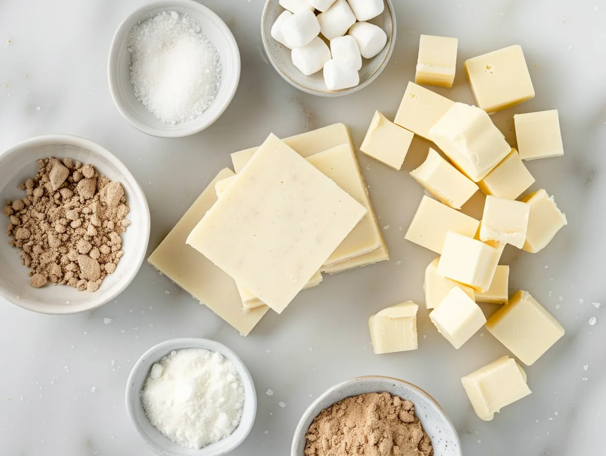 Ingredients for making marshmallow swirl fudge displayed on a marble countertop.
