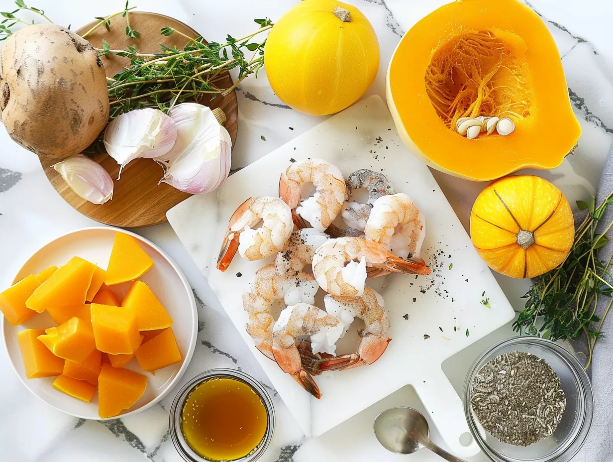 Ingredients for making spiced shrimp with roasted honeynut squash, including shrimp, honeynut squash, and various spices.