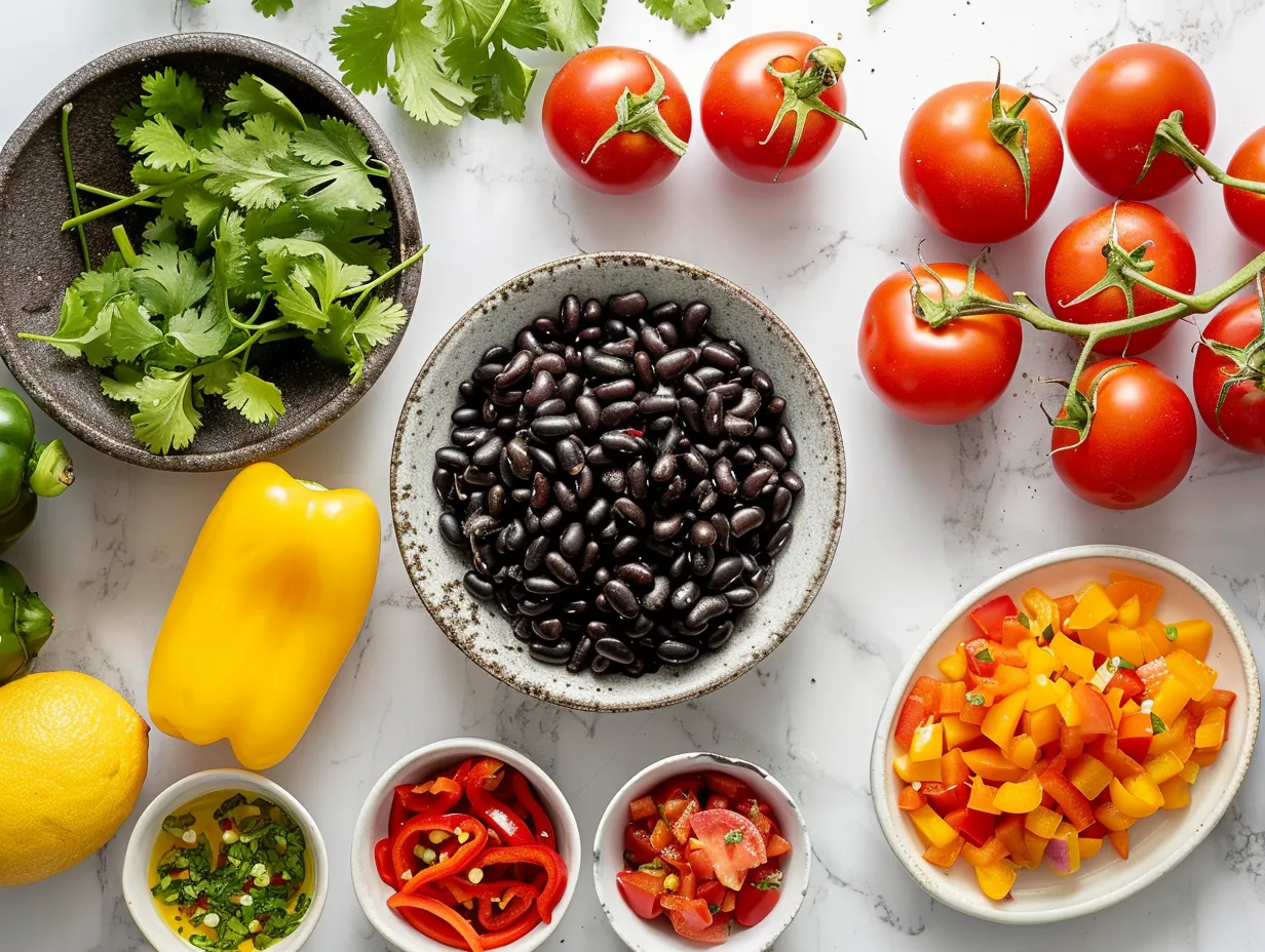 Ingredients for making Spicy Black Bean Soup including black beans, vegetables, spices, and lime.