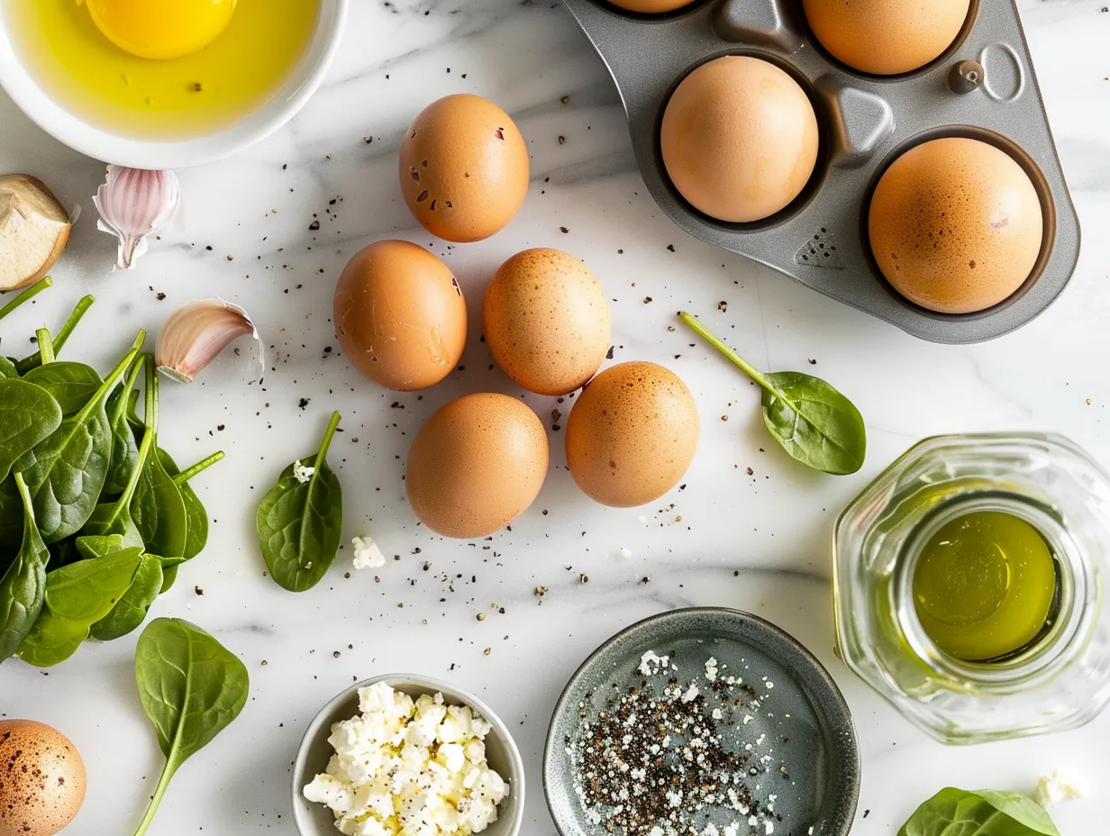 Ingredients for Spinach and Feta Egg Muffins, including eggs, spinach, feta cheese, and spices, arranged on a white marble surface.