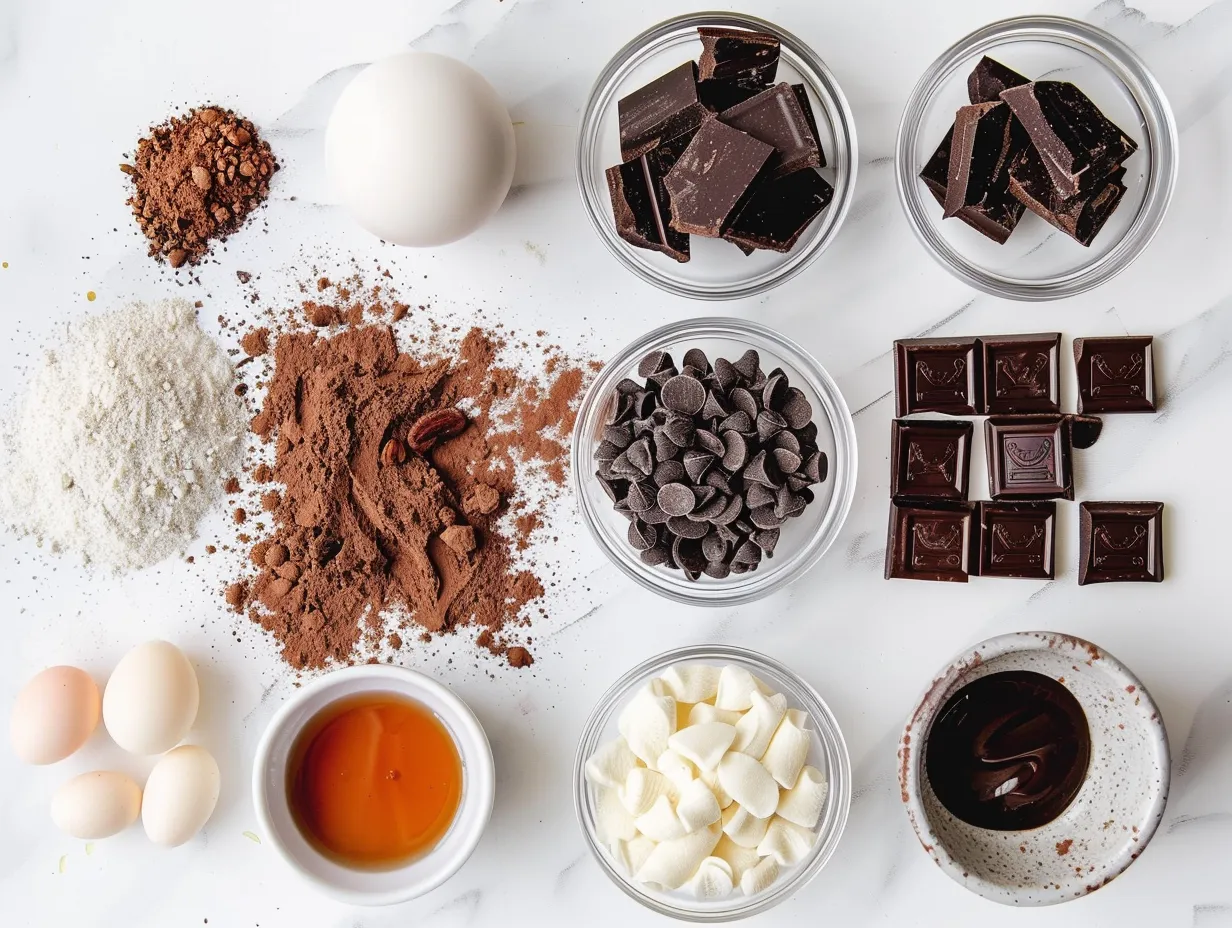 Ingredients for Triple Chocolate Brownies: butter, sugar, eggs, vanilla extract, flour, cocoa powder, baking powder, salt, dark chocolate chips, milk chocolate chips, and semi-sweet chocolate chunks displayed on a marble countertop.