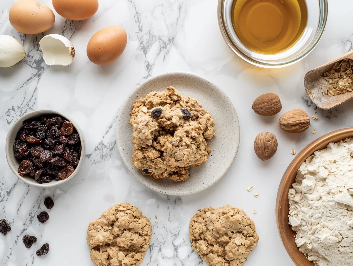Ingredients for Oatmeal Raisin Cookies on a marble surface